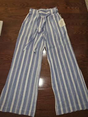 Blue and White Vertical Stripe Linen Wide-Leg Pants